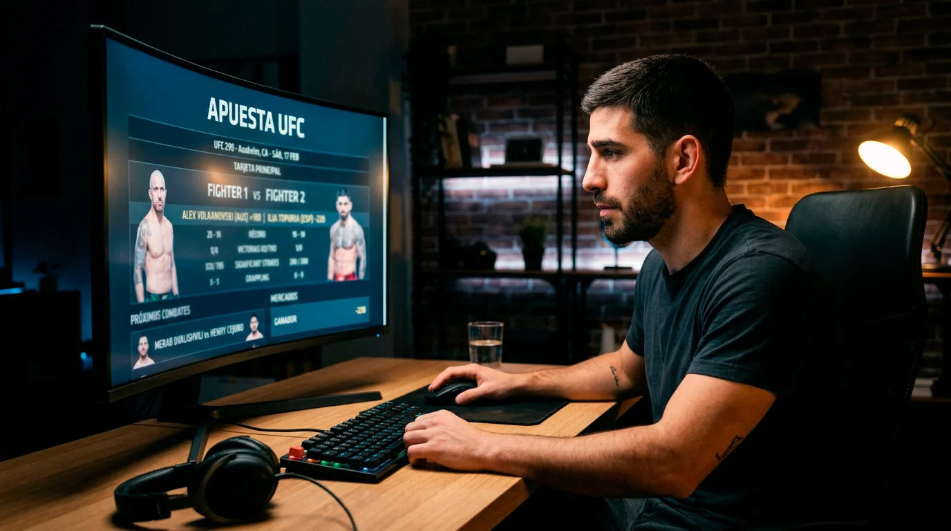 Apostador analizando cuotas UFC en una pantalla — mercado de apuestas MMA en España 2026