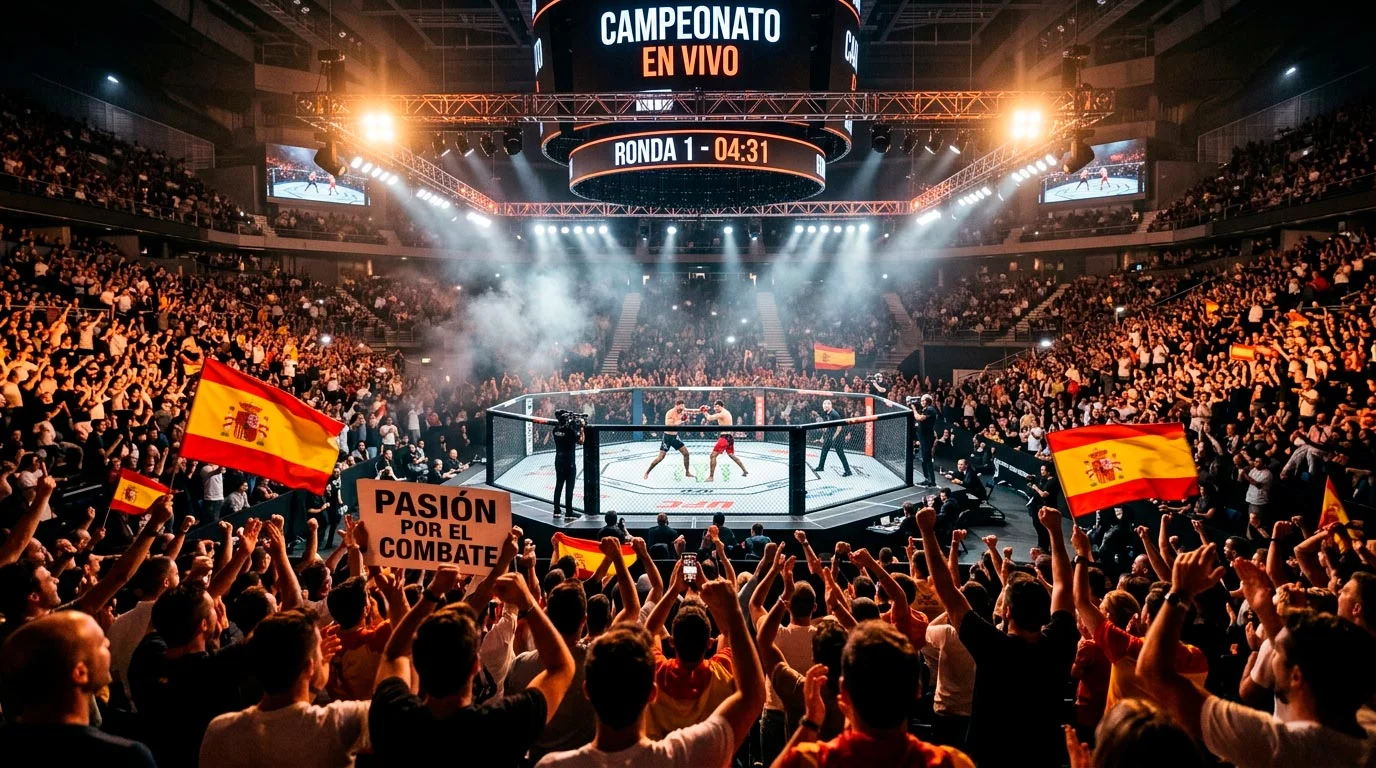 Aficionados españoles viendo combate UFC en pantalla grande — efecto Topuria en el mercado de apuestas MMA